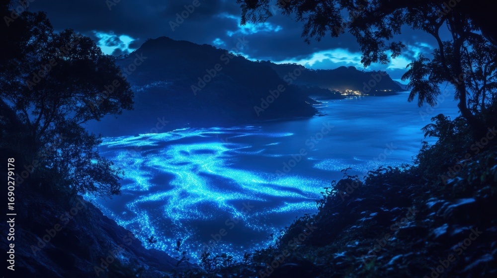 Naklejka premium Bioluminescent ocean at night, showcasing a vibrant glow.