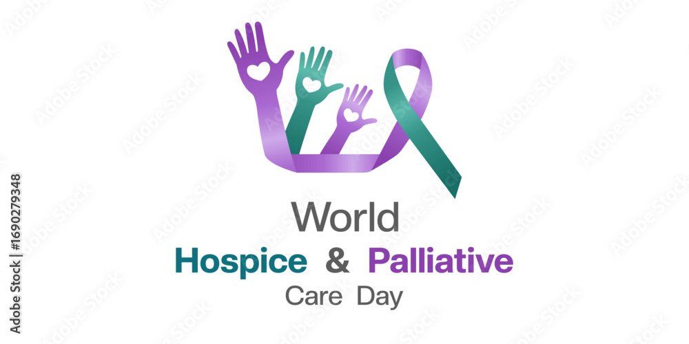 Obraz premium World Hospice and Palliative Care Day. Ribbon and hand. Suitable for posters, banners and social media. White background.