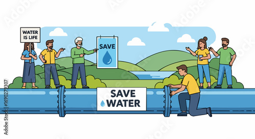 People Promoting a "Save Water" Campaign with a Large Pipe in a Green Landscape