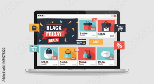 A Laptop Showing an Online Store with Black Friday Deals and Shopping Icons