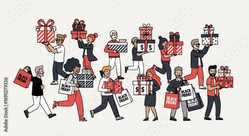 Diverse Group of People Carrying Black Friday Shopping Bags and Gift Boxes