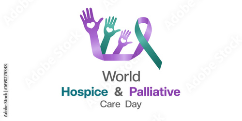 World Hospice and Palliative Care Day. Ribbon and hand. Suitable for posters, banners and social media. White background.