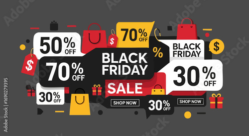 A Dynamic Arrangement of Black Friday Sale Banners and Shopping-Related Icons