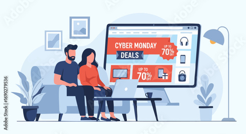 A Couple Shopping Online for Cyber Monday Deals on a Laptop and a Large Monitor