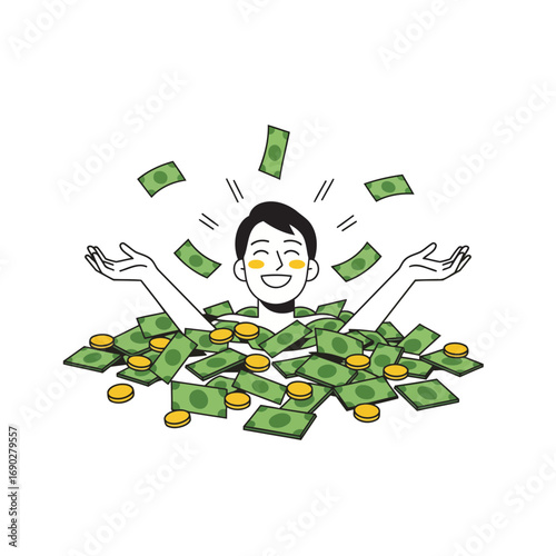 Stylized vector of a person enjoying a money bath, surrounded by banknotes and coins. Clean lines, isolated on white, perfect for wealth and prosperity concepts.