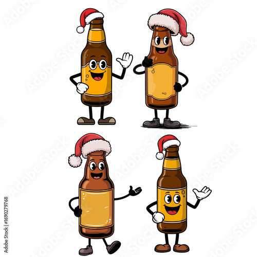Beer Bottles with Santa Hats Celebrating Christmas