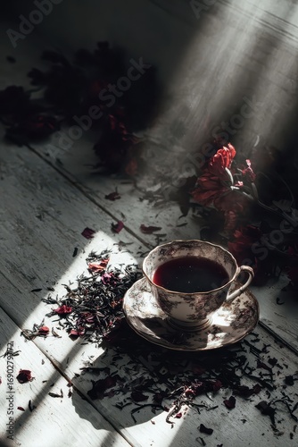 Elegant teacup filled with dark tea under a ray of light.
