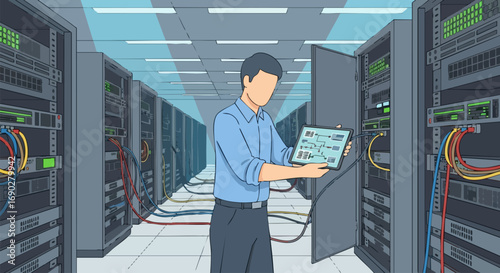 Male Technician in a Server Room Examining Data on a Tablet