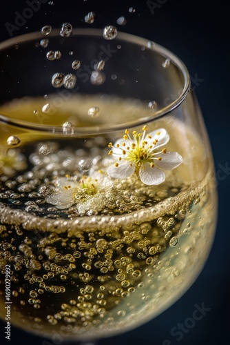 Elegant Wine Glass with Bubbles and Delicate Flower.
