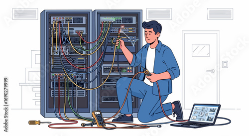 Network Engineer Diagnosing a Server Rack with a Laptop and Tools