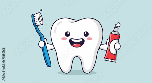 Happy Cartoon Tooth Holding a Toothbrush and Toothpaste