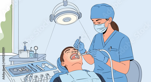 Female Dentist Performing a Dental Procedure on a Male Patient