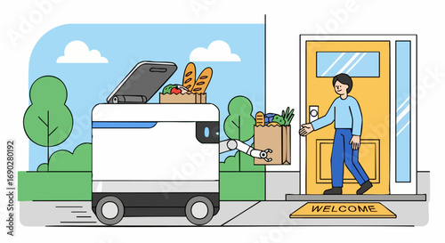 Autonomous Delivery Robot Delivering Groceries to a Man at His Home