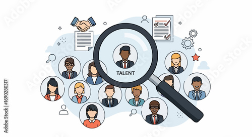 A magnifying glass identifying a talented candidate from a diverse group of people for recruitment