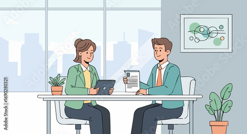 A female candidate and a male interviewer having a discussion during a job interview
