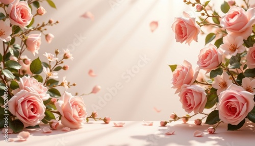 rose ivory bloom theme with romantic rose quartz with vanilla white, smooth elegant fade, transparent pastel glow, low angle radiant rose light, bright and pastel