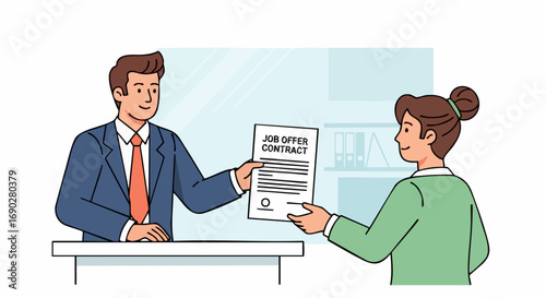 A human resources manager giving a job offer contract to a new employee