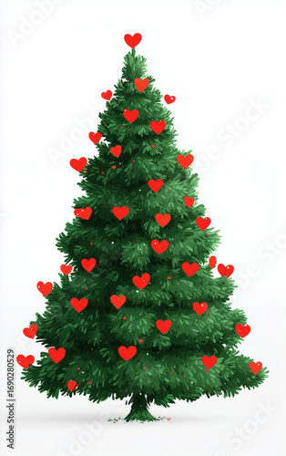 christmas tree with red hearts on white background, festive illustration combining love and holiday spirit, perfect for christmas and valentine’s day designs