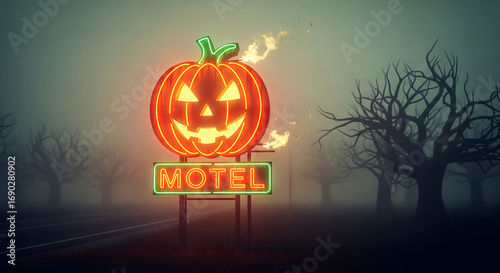 Spooky neon jack-o'-lantern motel sign beckons travelers on a foggy, deserted road amidst bare, silhouetted trees