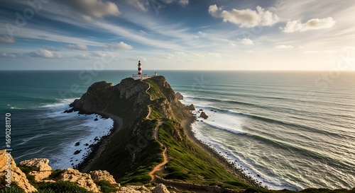 Nugget Point Lighthouse Overlooking the Pacific Ocean.