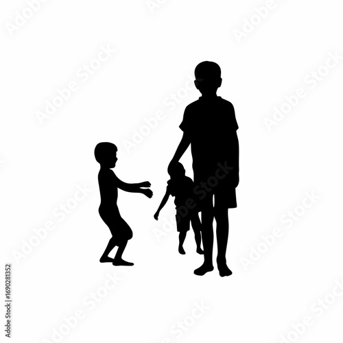 Silhouette of a boy observing wealthy children playing isolated on white background