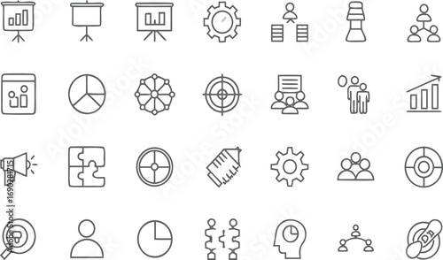 Business Strategy and Growth Icons – Charts, Targets, Teams, Gears, Marketing, Planning, Analytics, and Collaboration Concepts