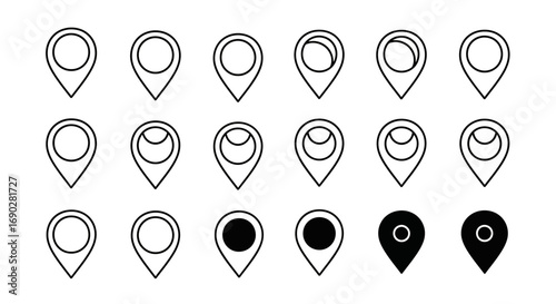 Diverse navigation pin icons for web design, location markers for maps, travel destination symbols