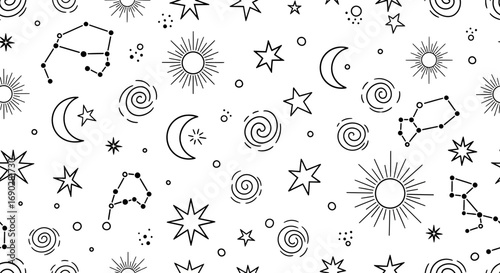 Celestial magic seamless pattern featuring stars, moons, suns and constellations, dreamy background