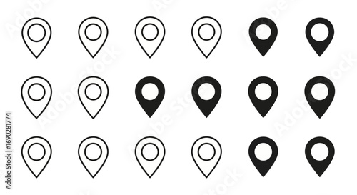 Modern location pin icons for maps and apps navigation showing direction and precise destination pinpointing