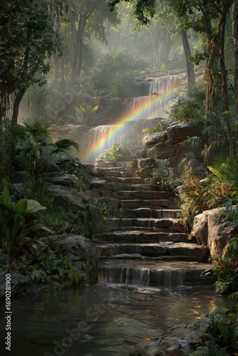 Enchanting Waterfall Staircase with Rainbow in Lush Forest.