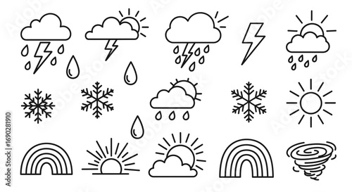 Weather forecast icons featuring sun, rain, clouds, snowflakes and rainbows create a modern design