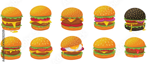 Burger vector set. Set of fast food illustration. Hamburger vector illustration. Fast Food Icons Set. Burger illustration. cheese burger illustration