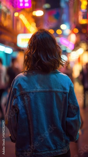 Woman in denim jacket walking through vibrant city at night.