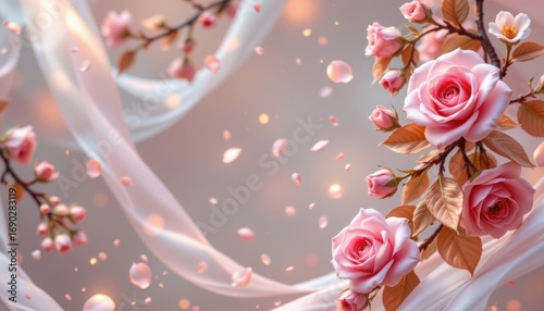 rose ivory bloom theme with delicate rose with champagne tint, seamless glowing fade, gentle glowing veil, wide elegant panorama, peaceful and glowing