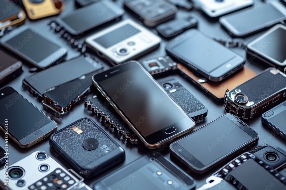 Fototapeta premium A collection of various smartphones and gadgets arranged on a surface for display and examination