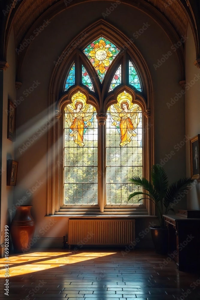 Fototapeta premium Serene Light Streams Through an Arched Stained Glass Angel Window, Illuminating a Tranquil Interior Space. Perfect for Religious, Spiritual, or Architectural Designs.