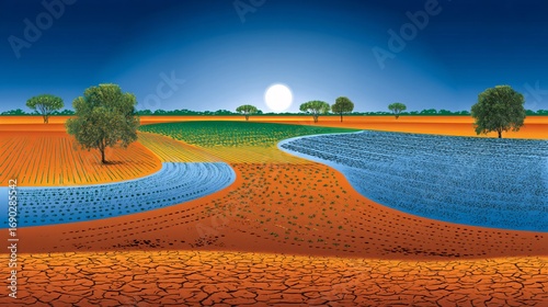 desert landscape with earth-toned colors showing spaced crescent embankments with visible soil layers and growing plants. desert farming stylized art crescent landform soil texture rain retention 