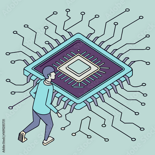 Quantum computing vector illustration, futuristic AI processor, abstract glowing circuit design