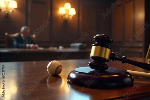 Intense courtroom drama unfolds as a baseball game plays out unexpectedly within the courtroom's confines A unique and surreal scene A gavel rests near a baseball bat , witness, foul, strange