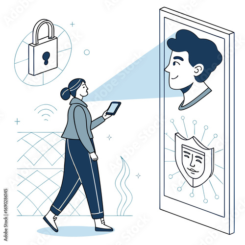 AI face recognition vector illustration, biometric scanning technology, futuristic flat design