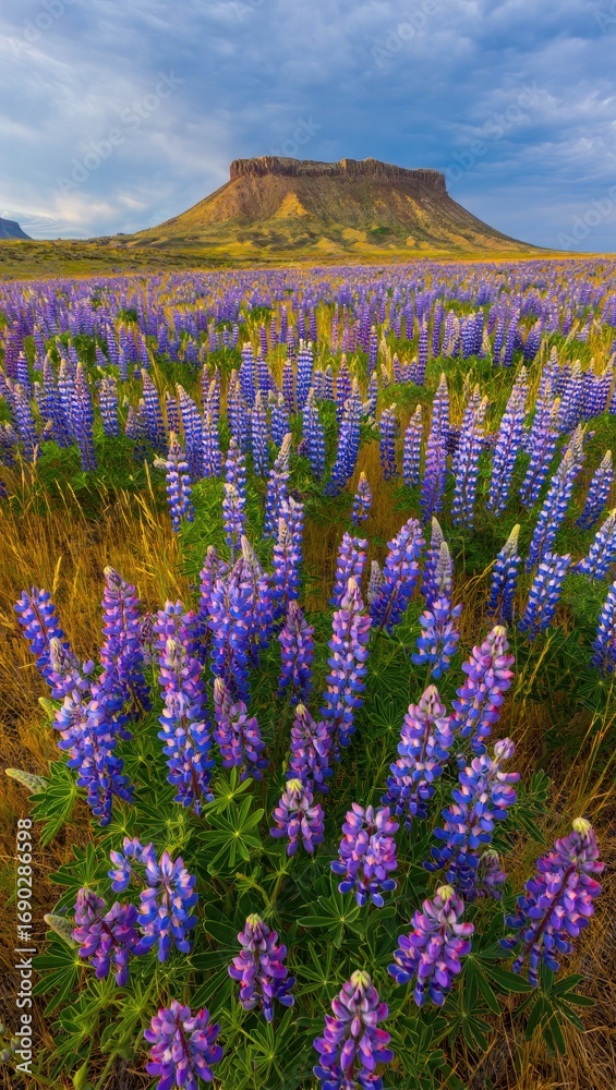 Obraz premium Field of purple lupine flowers with a mesa in the background