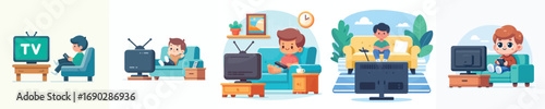 vector of a little boy watching television