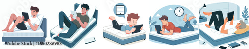vector of a man lying down relaxing facing a tablet screen