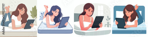 vector of a woman lying down relaxing facing a tablet screen