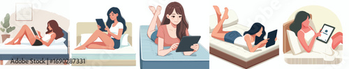 vector of a woman lying down relaxing facing a tablet screen