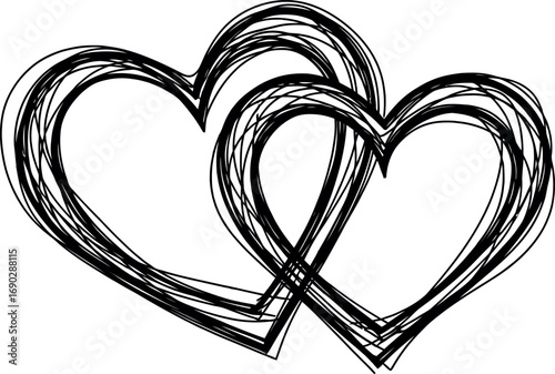 Two intertwined hearts drawn with sketchy black lines symbolizing love connection and romance vector