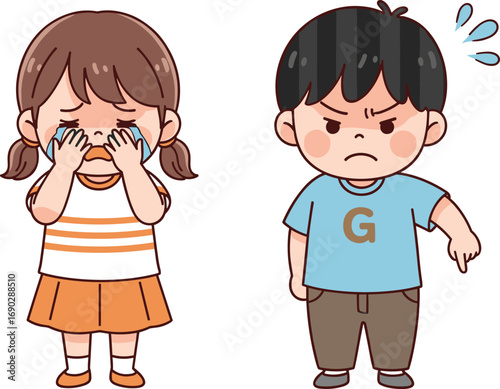 Cartoon children, emotional expressions, crying girl, angry boy, sadness, frustration, conflict, expressive faces, character design, kids illustration, behavior concept