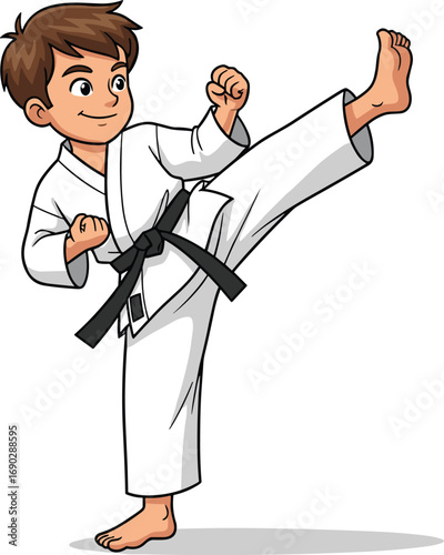 Cartoon martial artist, high kick pose, white uniform, black belt, action stance, karate move, character design, sports illustration, discipline