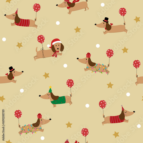 Cute dachshund puppy and dog in winter costume with red balloons seamless pattern and wallpaper. Christmas holidays background. Animal cartoon characters. -Vector