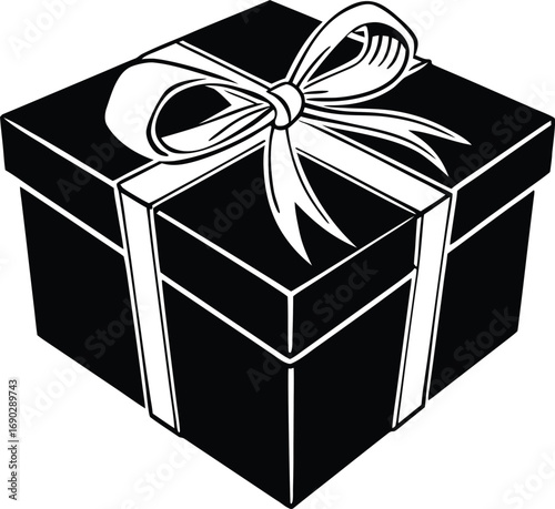 Black gift box with white ribbon and bow isolated on white background